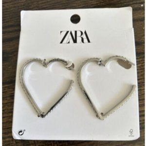 NWT ZARA LARGE RHINESTONE HEART HOOP EARRINGS SILVERTONE SPARKLE GLITTER PARTY